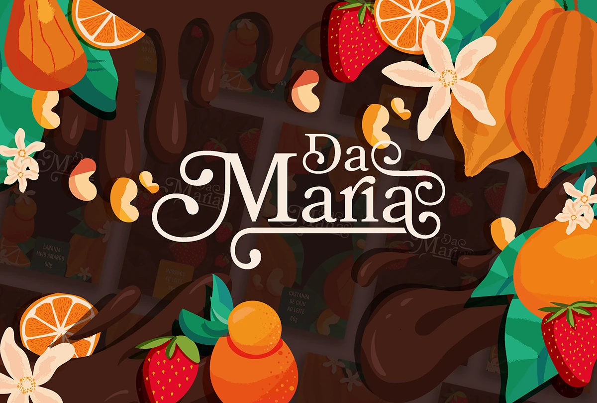 Marca Da Maria cercada por ilustrações de laranja, morango, castanhas e chocolate