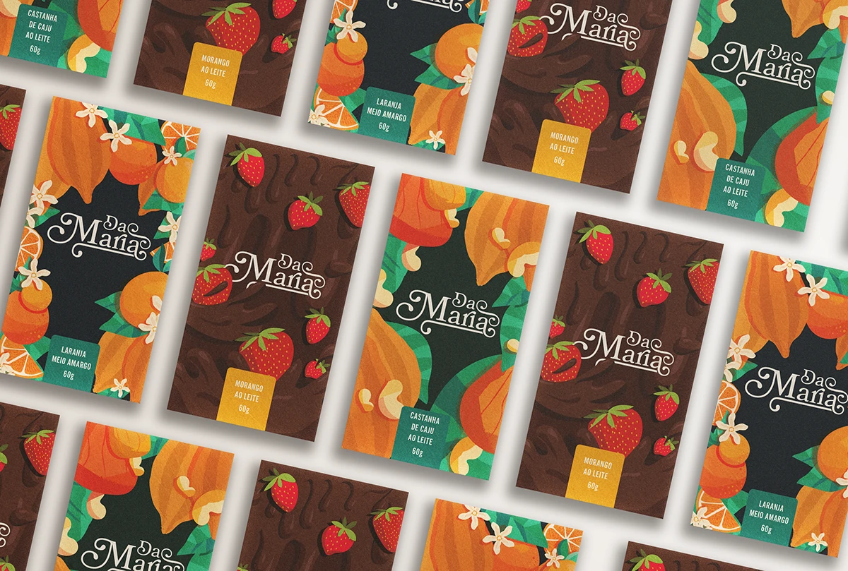 Conjunto de embalagens Da Maria com ilustrações e cores para os diferentes sabores