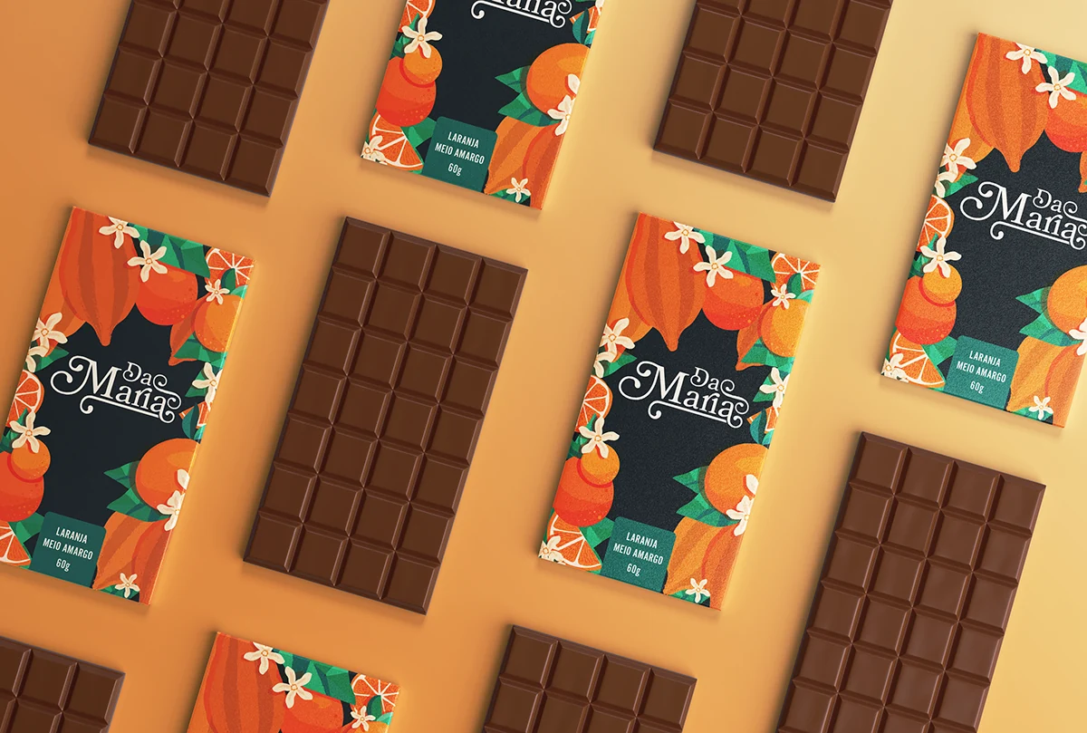 Composição de chocolates e embalagens ilustradas Da Maria sobre fundo amarelo