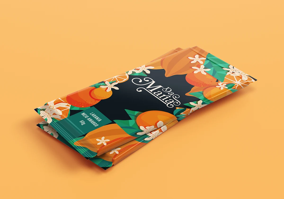 Embalagem de chocolate Da Maria com ilustração colorida de ingredientes