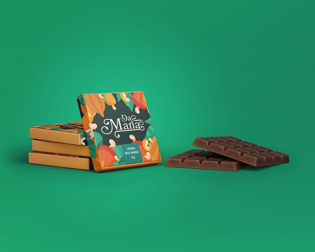 Embalagem Da Maria com ingredientes ilustrados e pedaços de chocolate sobre fundo verde
