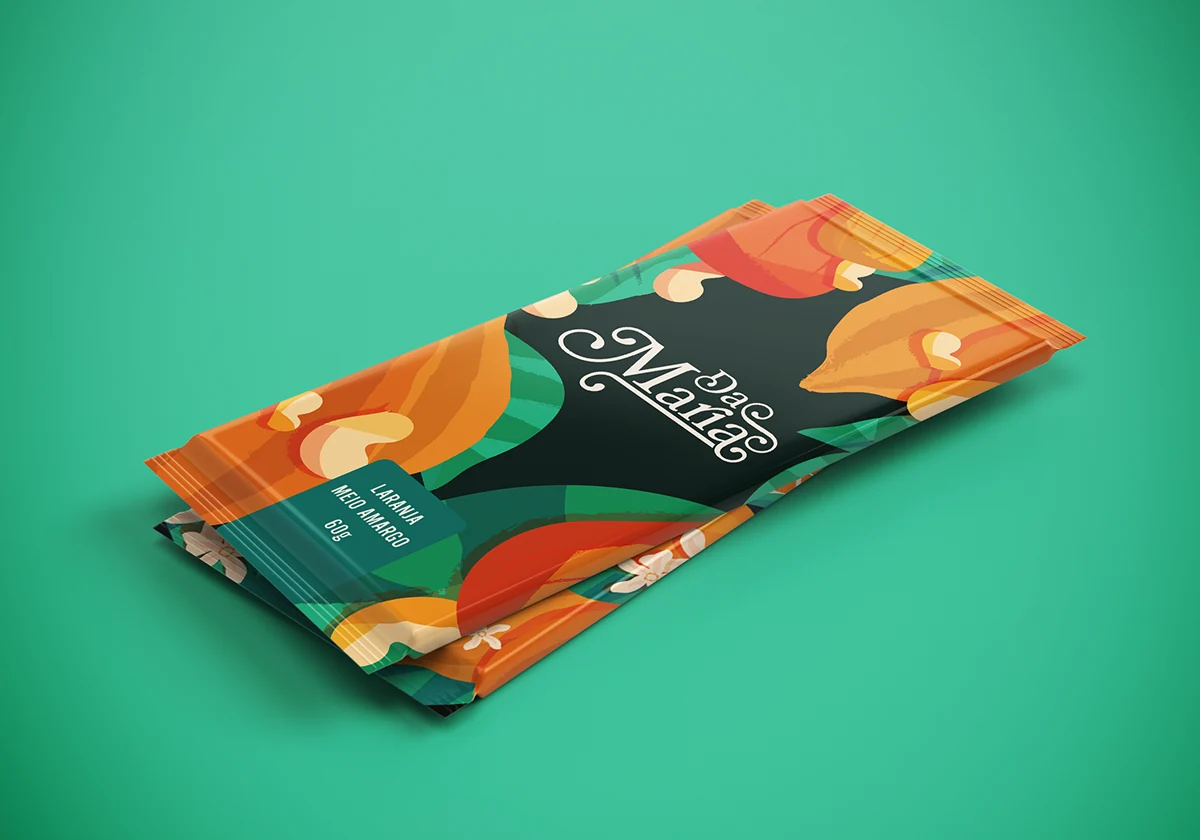 Embalagem de chocolate Da Maria sobre fundo verde com ingredientes ilustrados