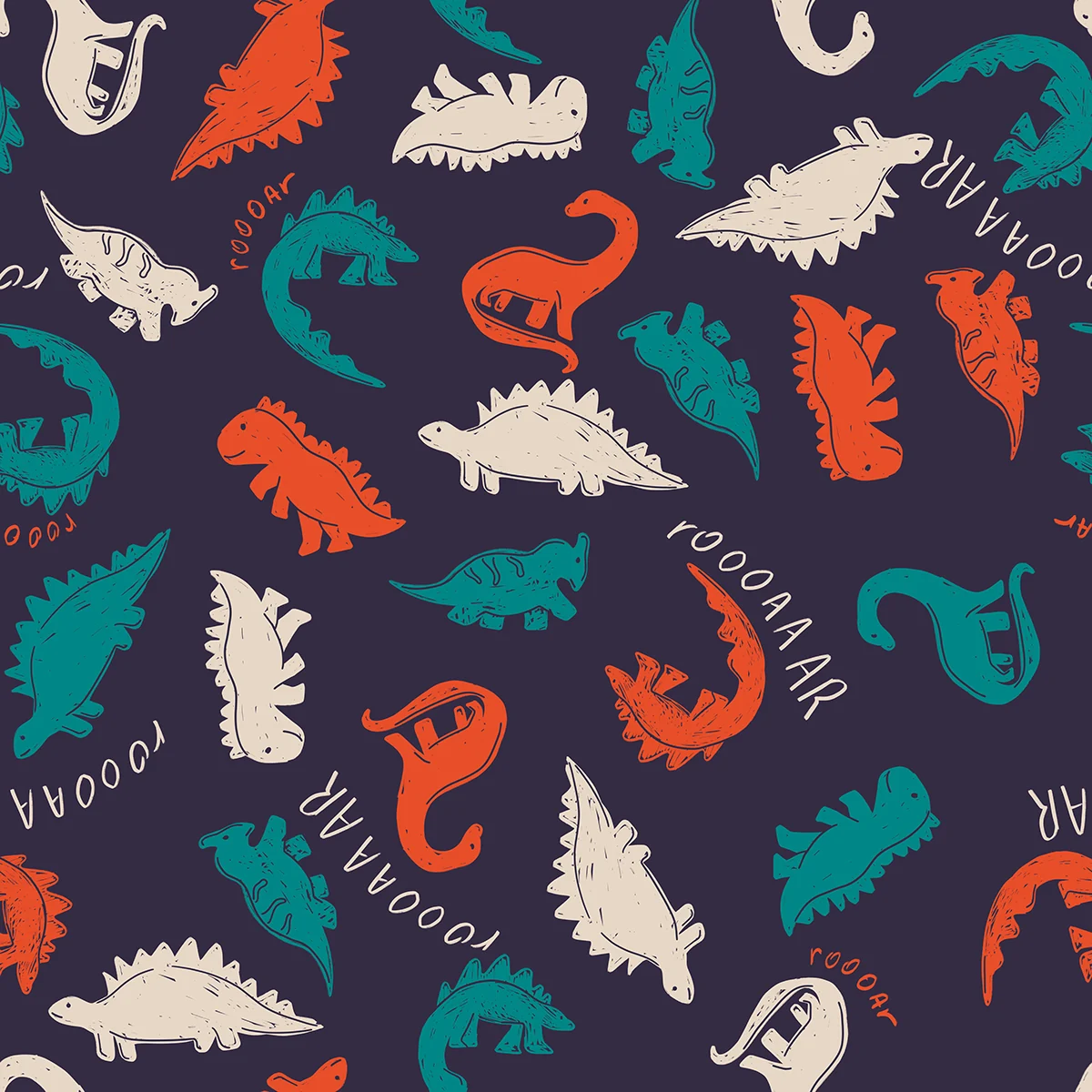 Estampa de dinossauros coloridos sobre fundo escuro — Lojas Objetiva