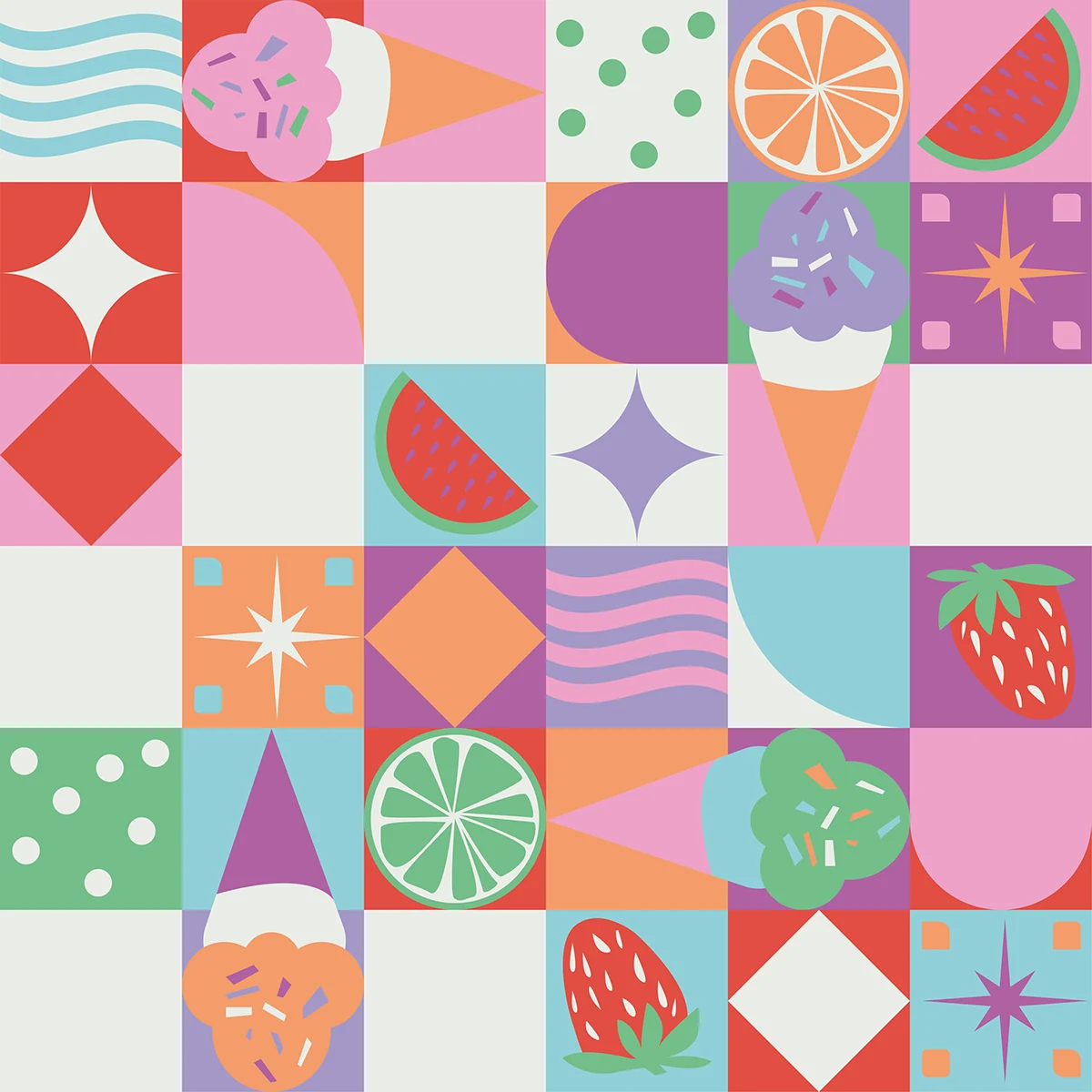 Composição geométrica colorida com frutas e sorvetes — Lojas Objetiva