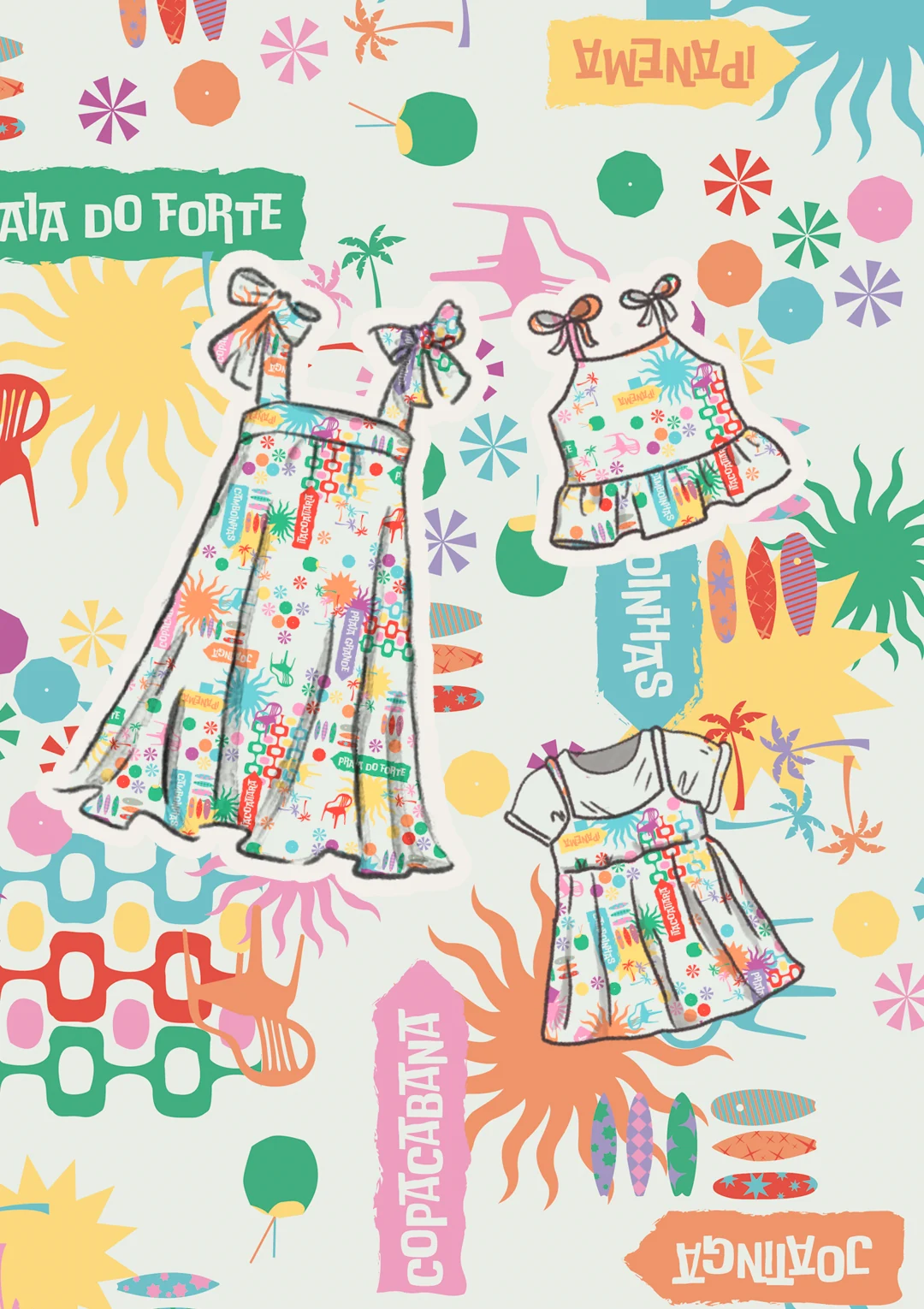 Estampa ilustrada com elementos de verão e roupas — Lojas Objetiva