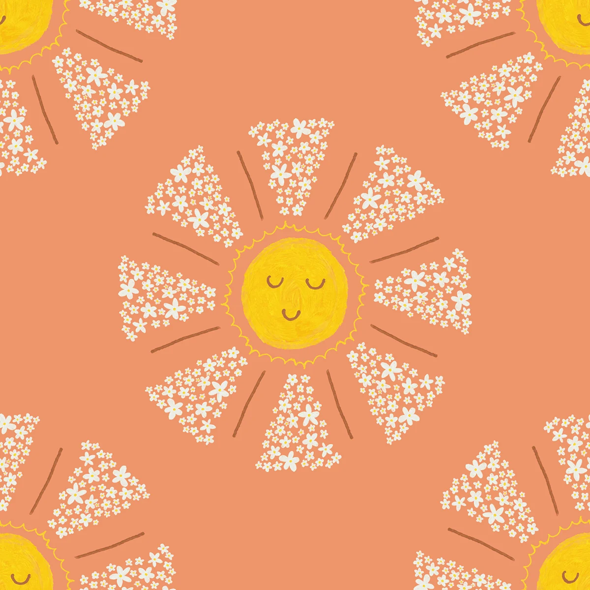 Estampa de sóis amarelos sobre fundo laranja — Lojas Objetiva