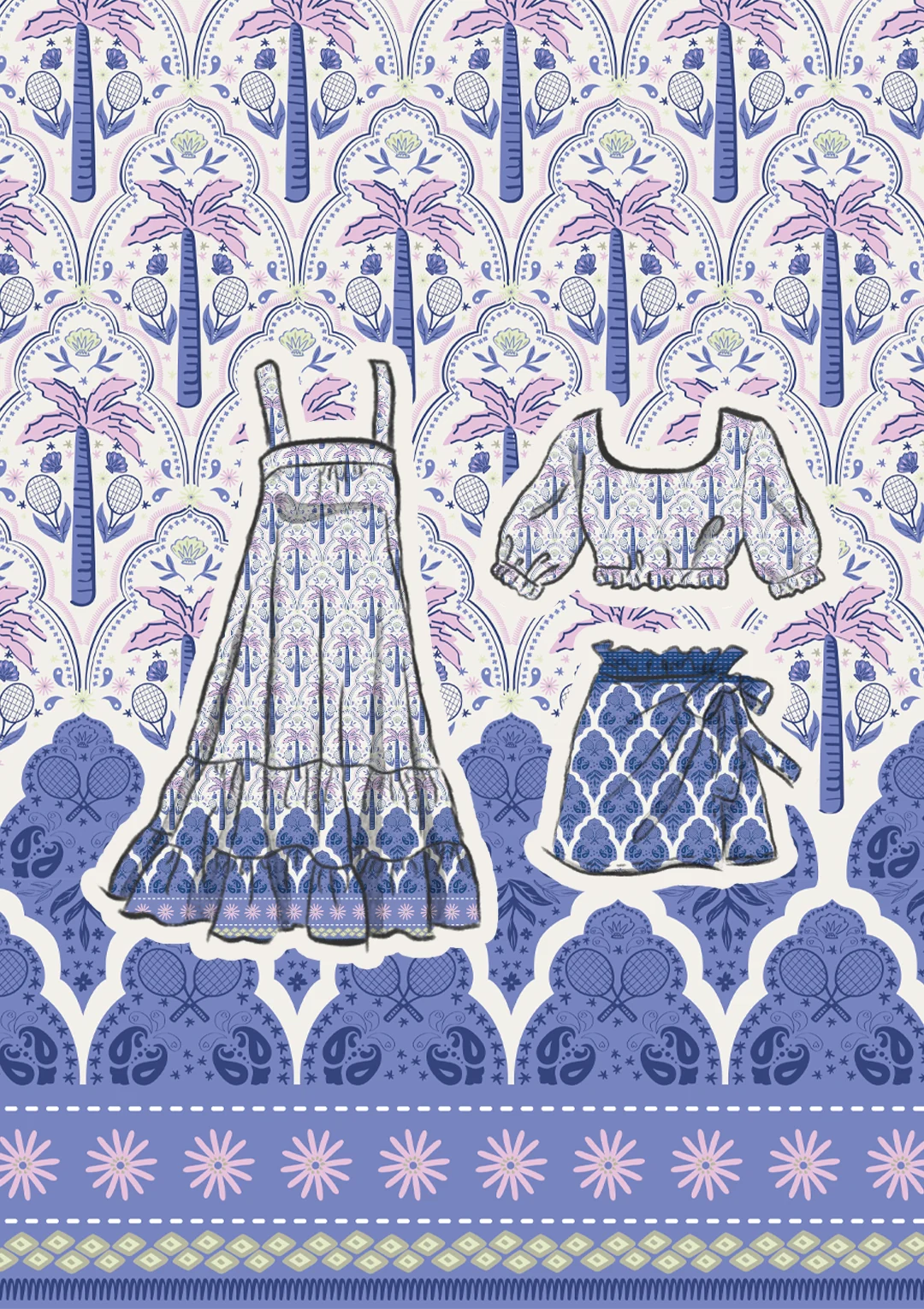 Estampa ornamental azul e branca com elementos figurativos — Lojas Objetiva