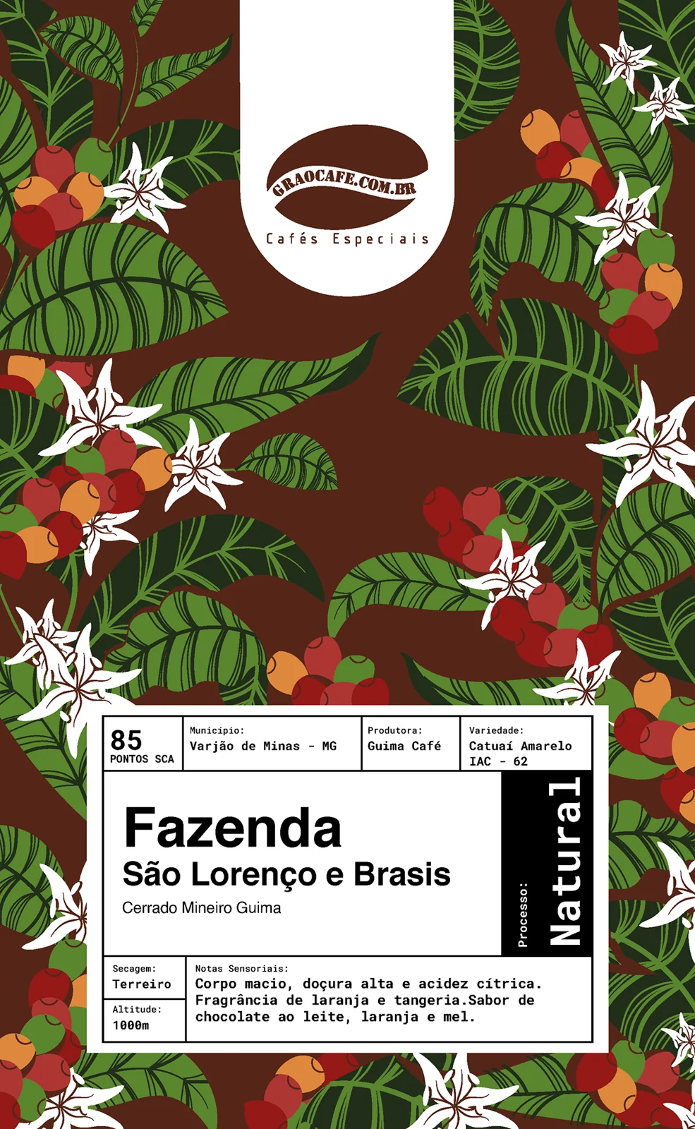 Arte de embalagem Grão Café.com com ilustração botânica e rótulo Fazenda São Lourenço e Brasil