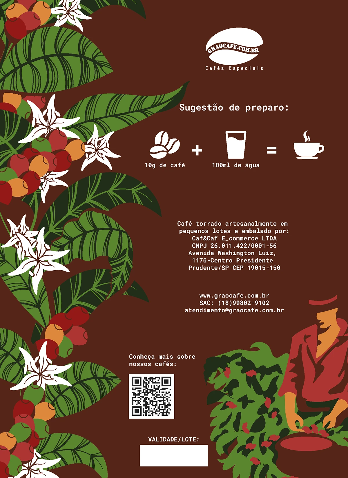 Arte do verso da embalagem Grão Café.com com ilustração botânica, orientações de preparo e código QR