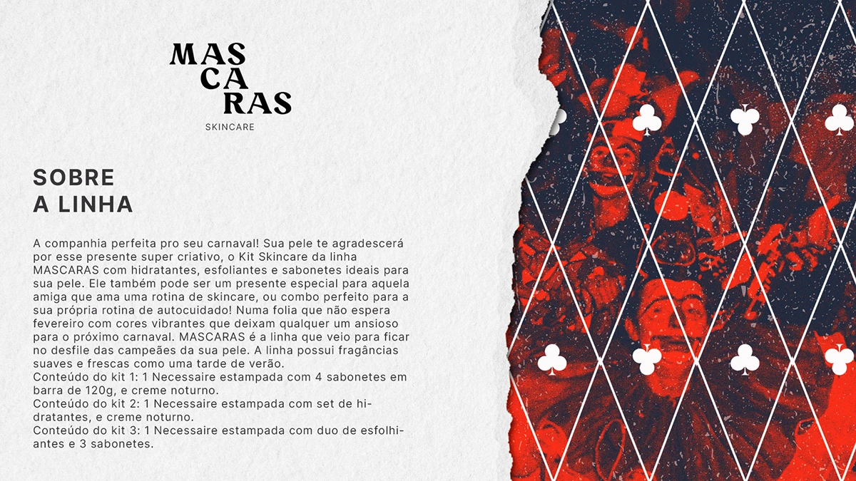 Prancha de apresentação da linha conceitual Máscaras com texto e grafismos