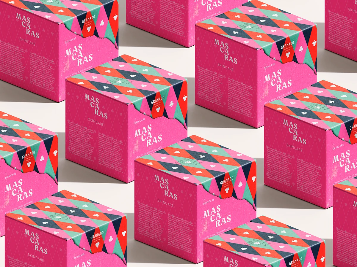 Caixas de máscaras de skincare do conceito acadêmico Granado com padrões geométricos coloridos